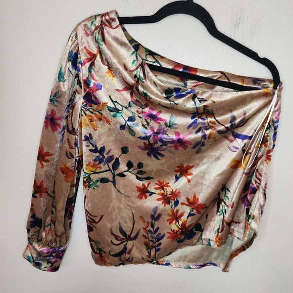 NWT Allen Schwartz velvet floral one sleeve blouse - Picture 7 of 7